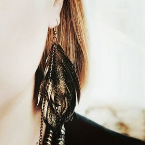Designers gold black real leather feather earrings